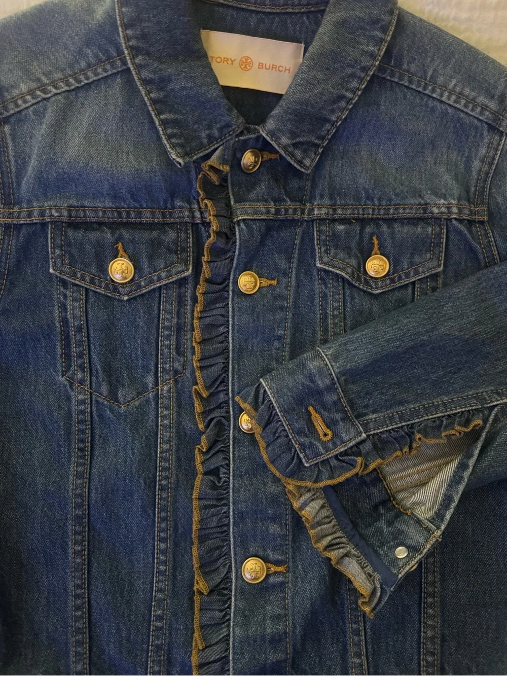 Tory Burch Medium Blue Denim Jacket with Gold Buttons